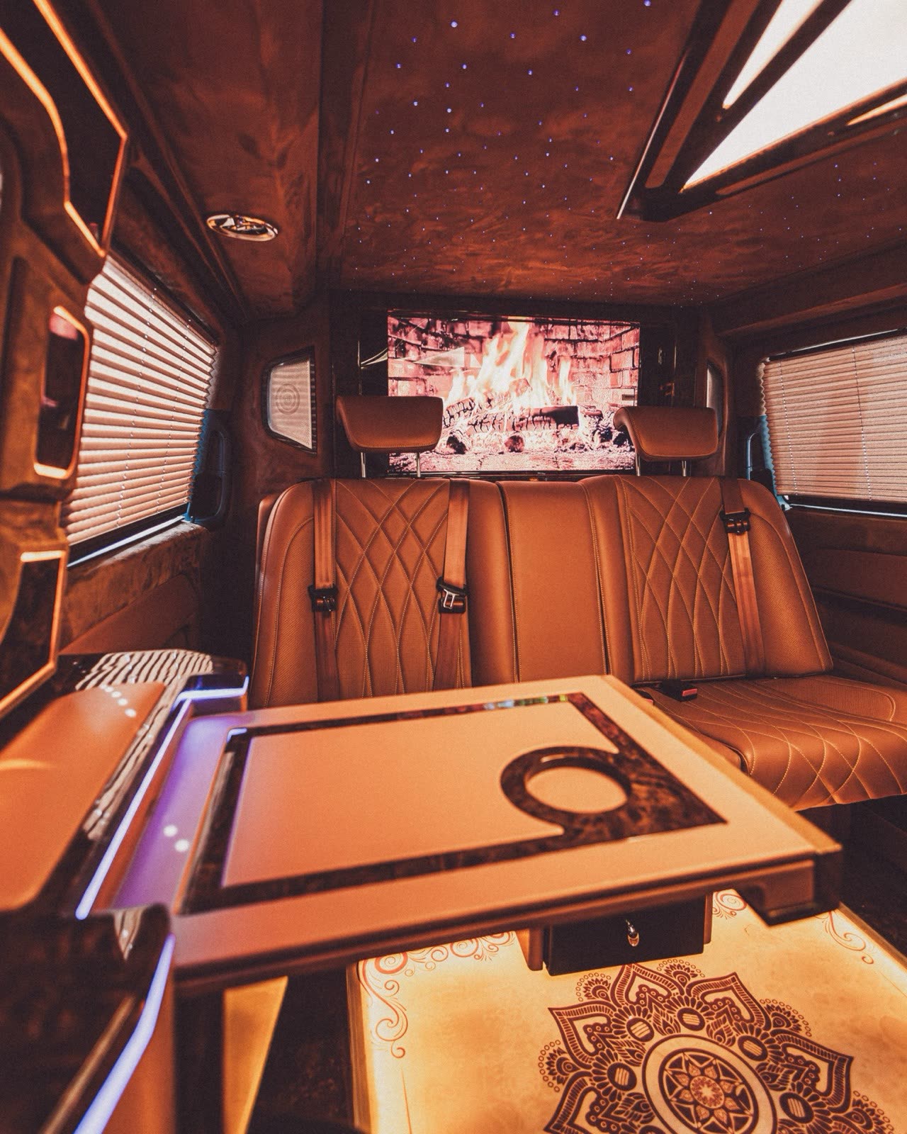 Leather seating and cabin trim detail inside Taxi Nora Kalmar's luxury van