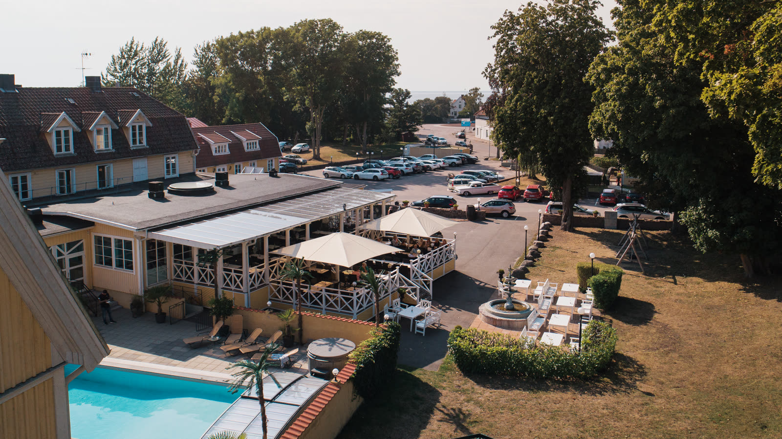 Aerial drone view of Hotel Skansen Färjestaden on Öland