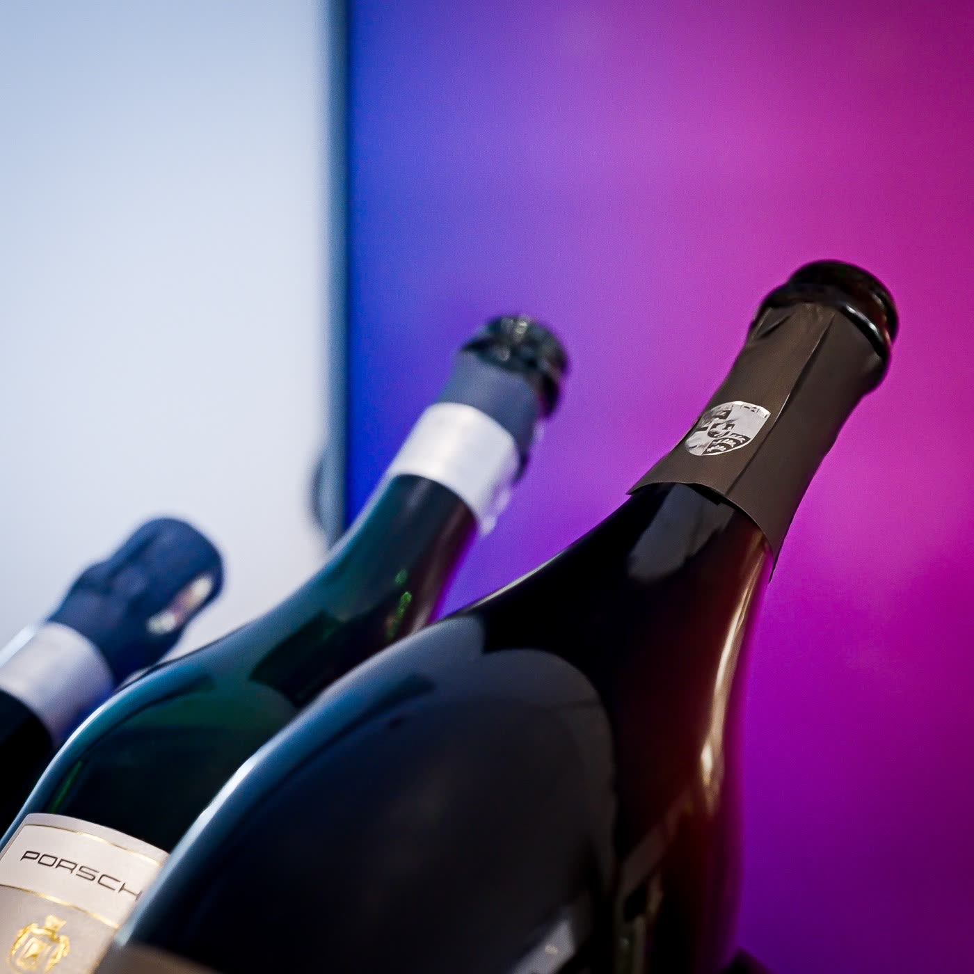 Porsche-branded Geldermann sparkling wine bottles at Porsche Center Kalmar event